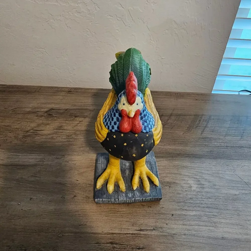 Vintage Dolgencorp Resin Rooster Statue Folk Art Patchwork Cottagecore Farmhouse